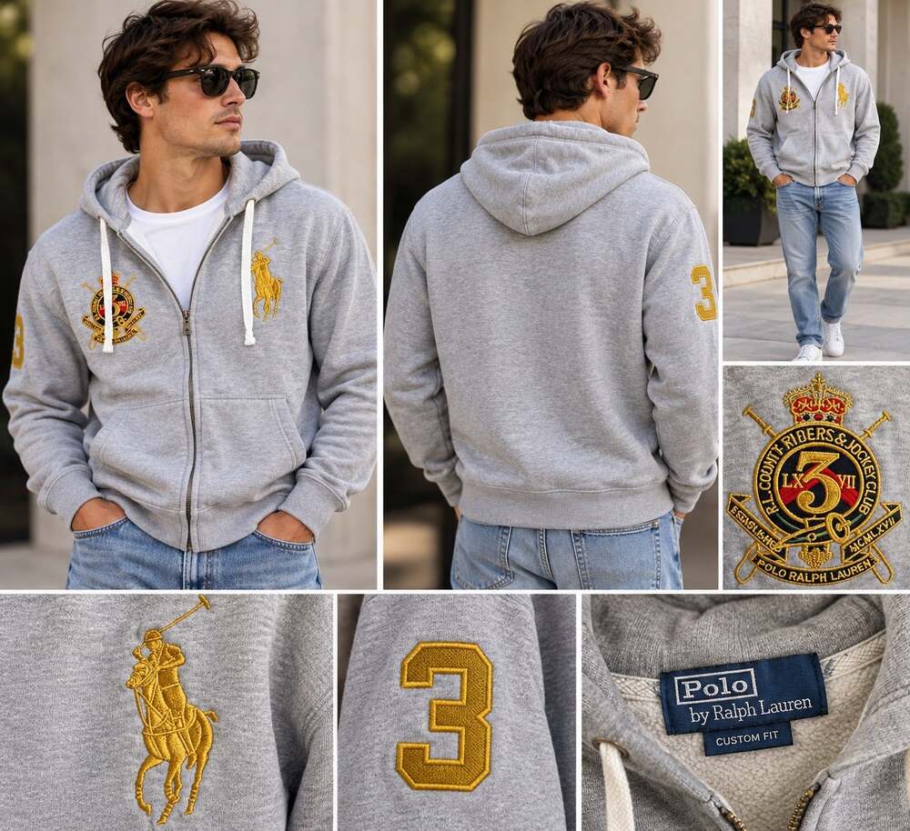 Polo Ralph Lauren Vintage Big Pony Crest 3 Zip Up Hoodie Gray Gold Custom Fit L